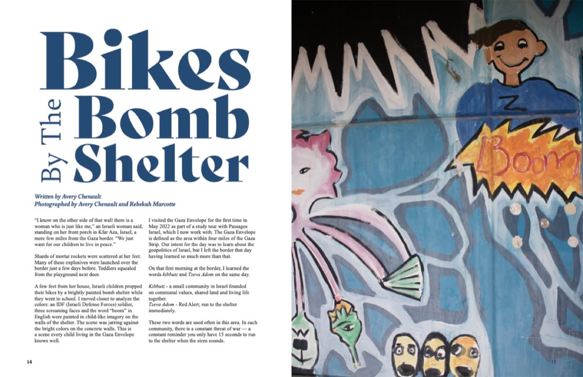 The opening magazine spread of “Bikes By The Bomb Shelter”, showing children's paintings on a bomb shelter in the Gaza Envelope.